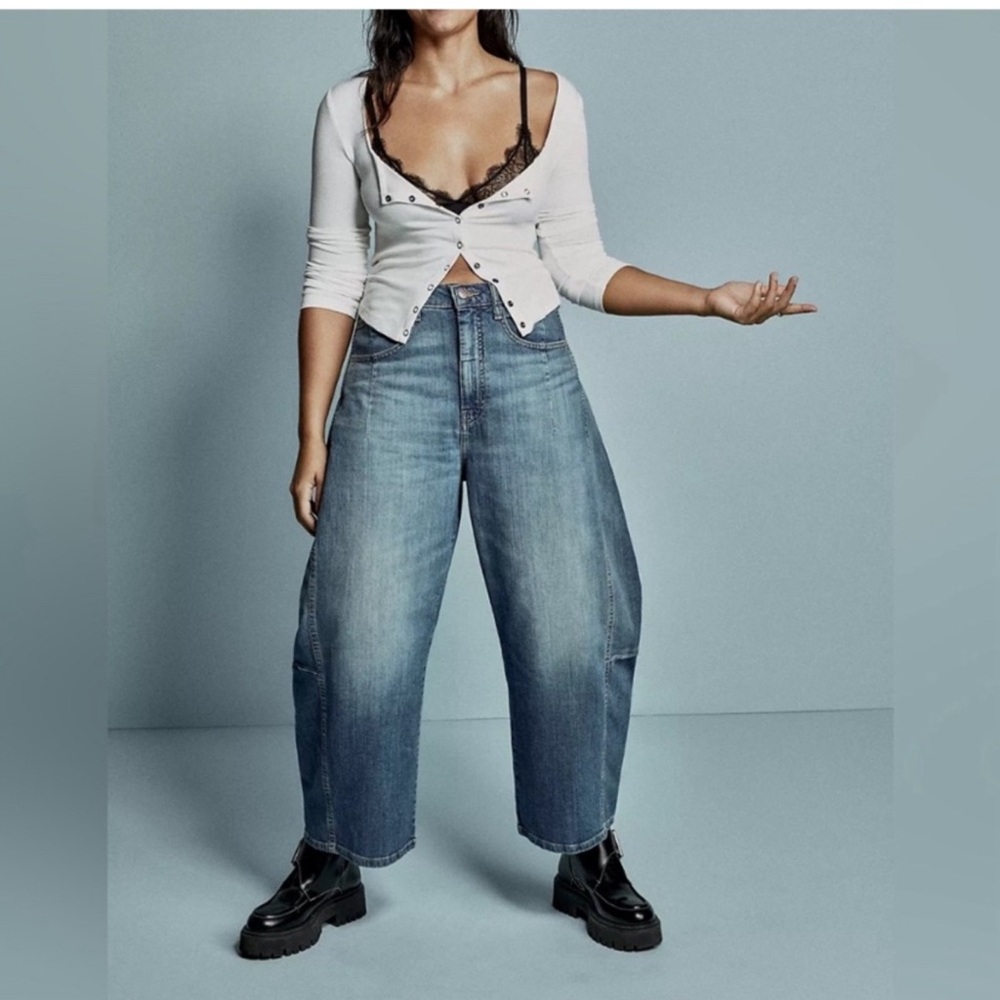 Pilcro Wide-Leg Flare Jeans in Medium Blue